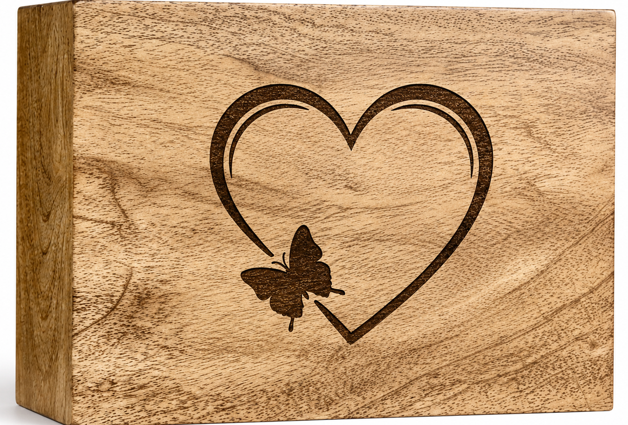 Heart & Butterfly Engraved Wooden Cremation Urn