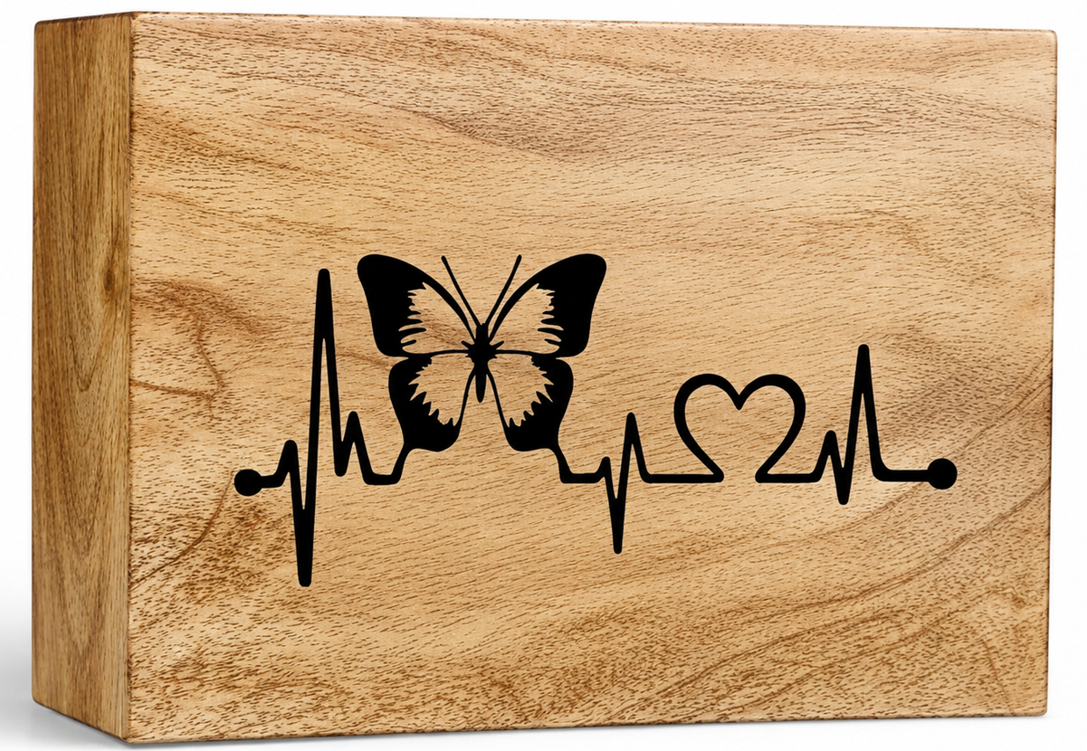 Heartbeat Butterfly & Heart Wooden Cremation Urn