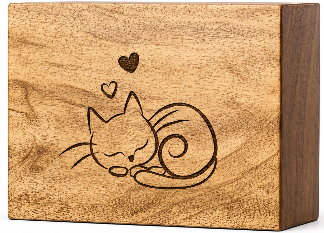 Sleeping Cat Engraved Urn – Wooden Cremation Urn with Heart Design |