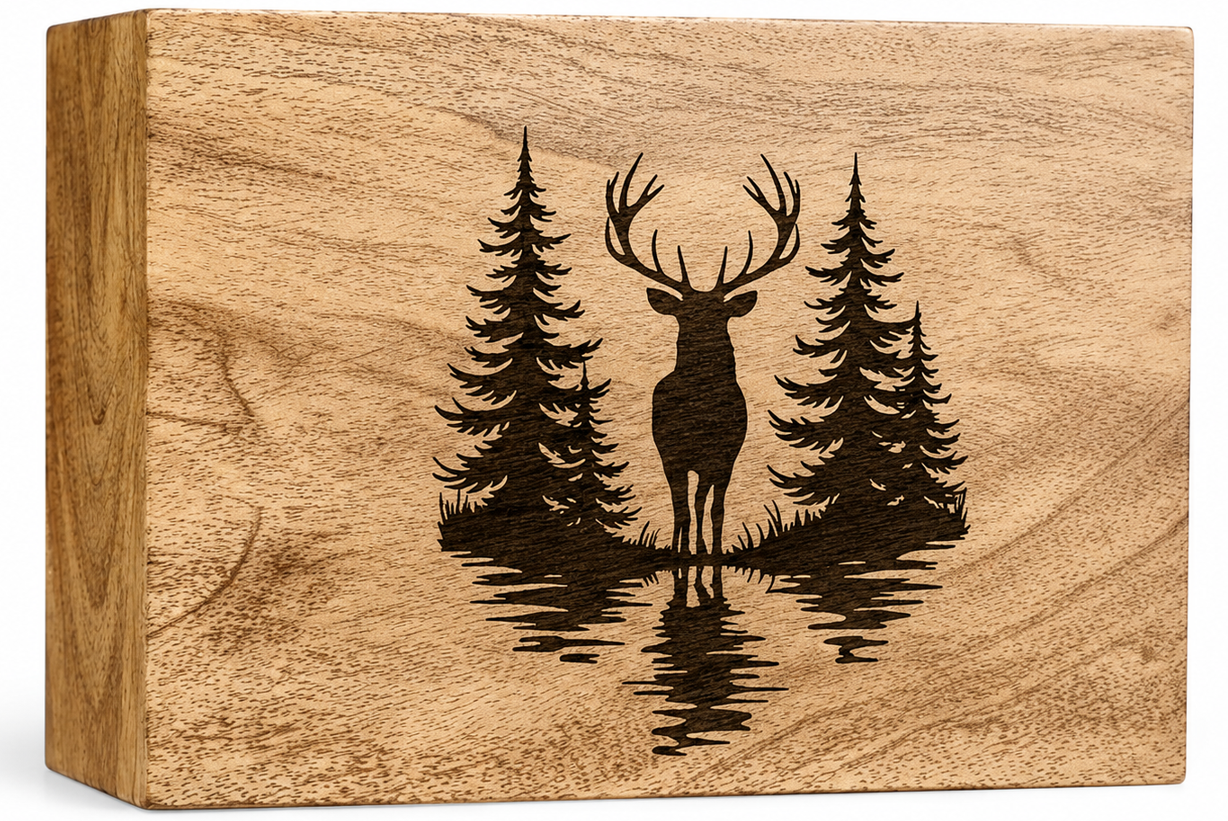 Deer & Pine Forest Engraved Wooden Cremation Urn