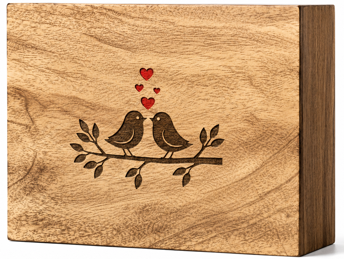 Lovebirds on a Branch Wooden Engraved Urn with Red Hearts