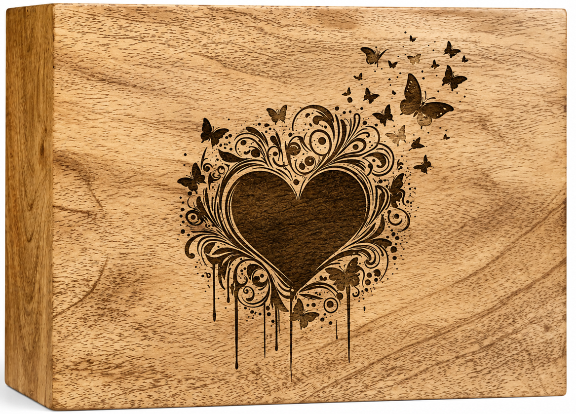 Ornate Swirl Heart & Flying Butterflies Wooden Engraved Urn