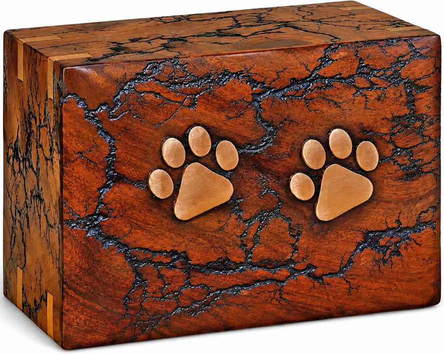 Lichtenberg Fractal Wood Pet Urn with Copper Paw Prints