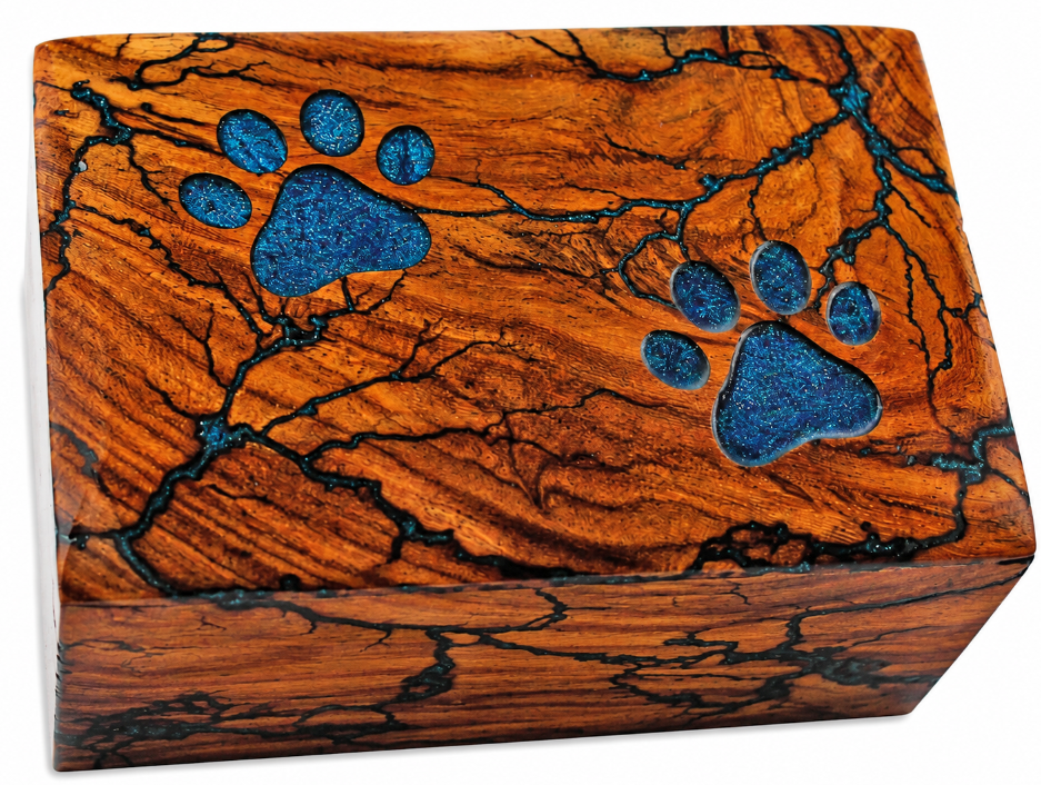 Lichtenberg Fractal Pet Wooden Urn with Blue Glitter Paw Prints