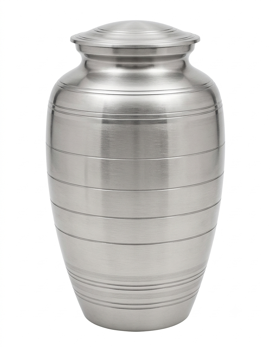 Brushed Silver Cremation Urn with Engraved Bands