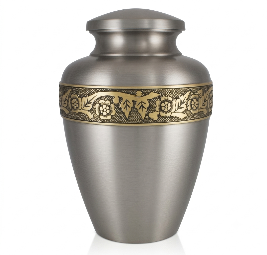 Pewter Silver Cremation Urn with Engraved Gold Floral Band