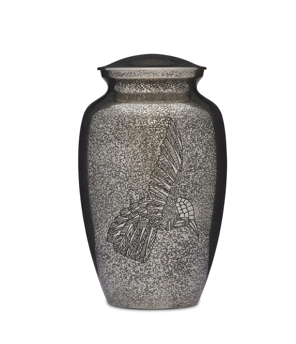 Engraved Hummingbird Cremation Urn with Speckled Silver Finish