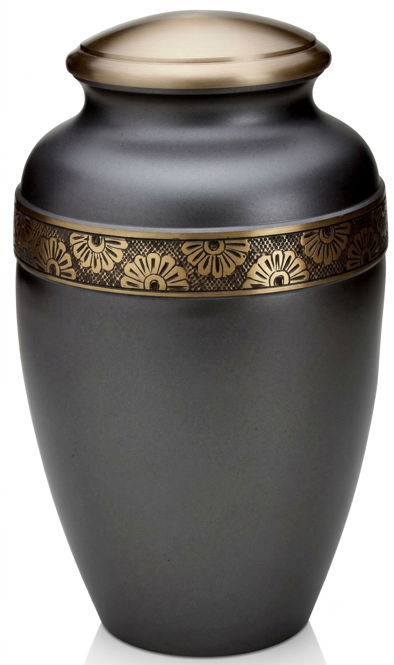 Charcoal Grey Cremation Urn with Bronze Daisy Band & Brushed Bronze Lid