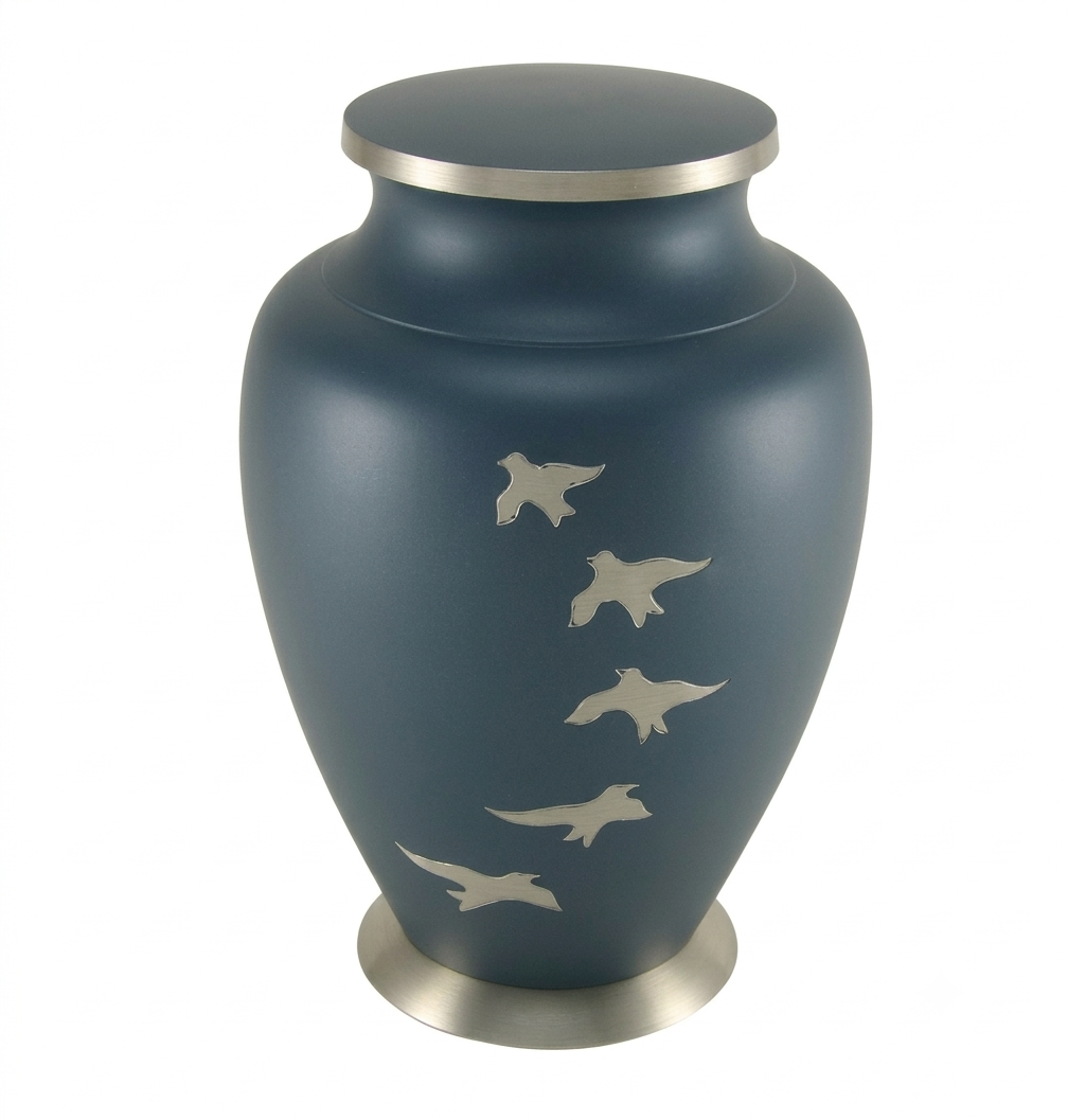 Slate Blue Cremation Urn with Silver Birds in Flight