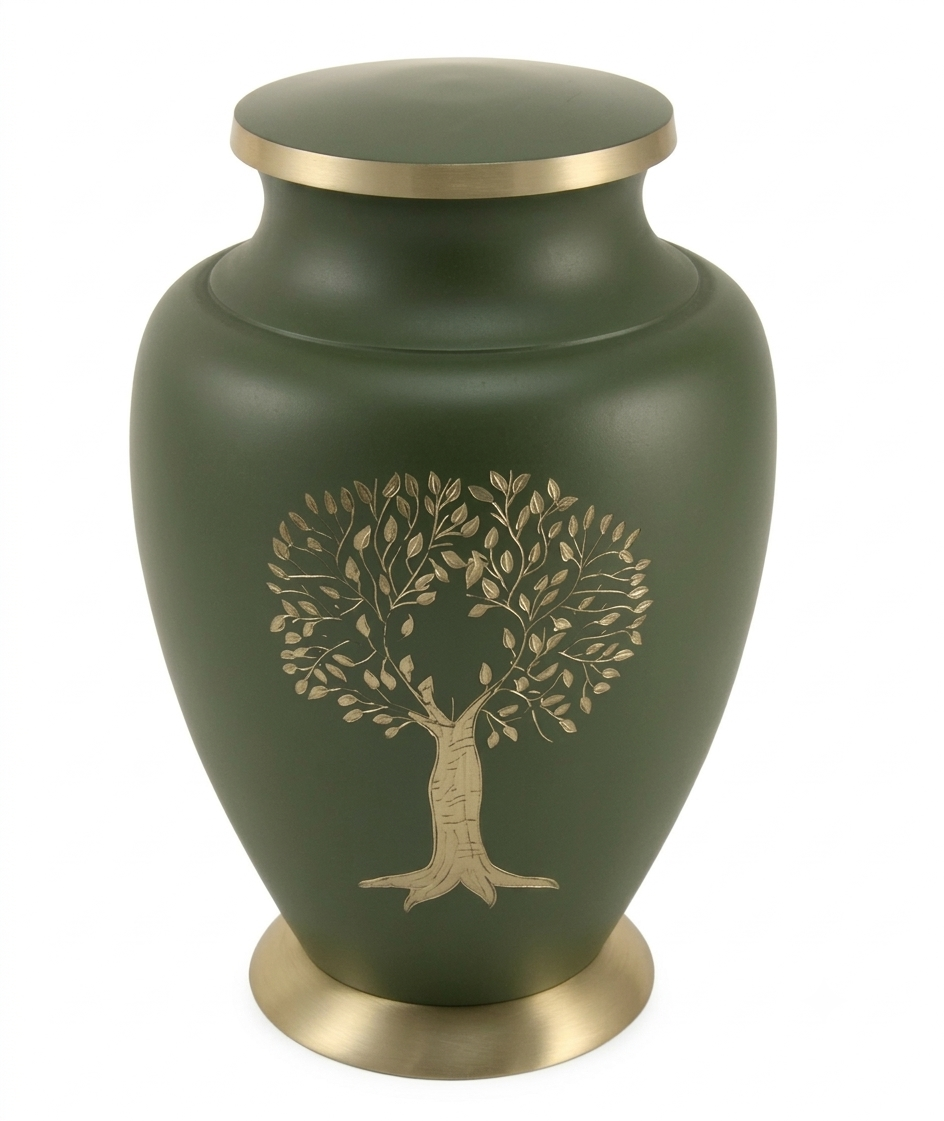 Forest Green Tree of Life Cremation Urn with Gold Engraving