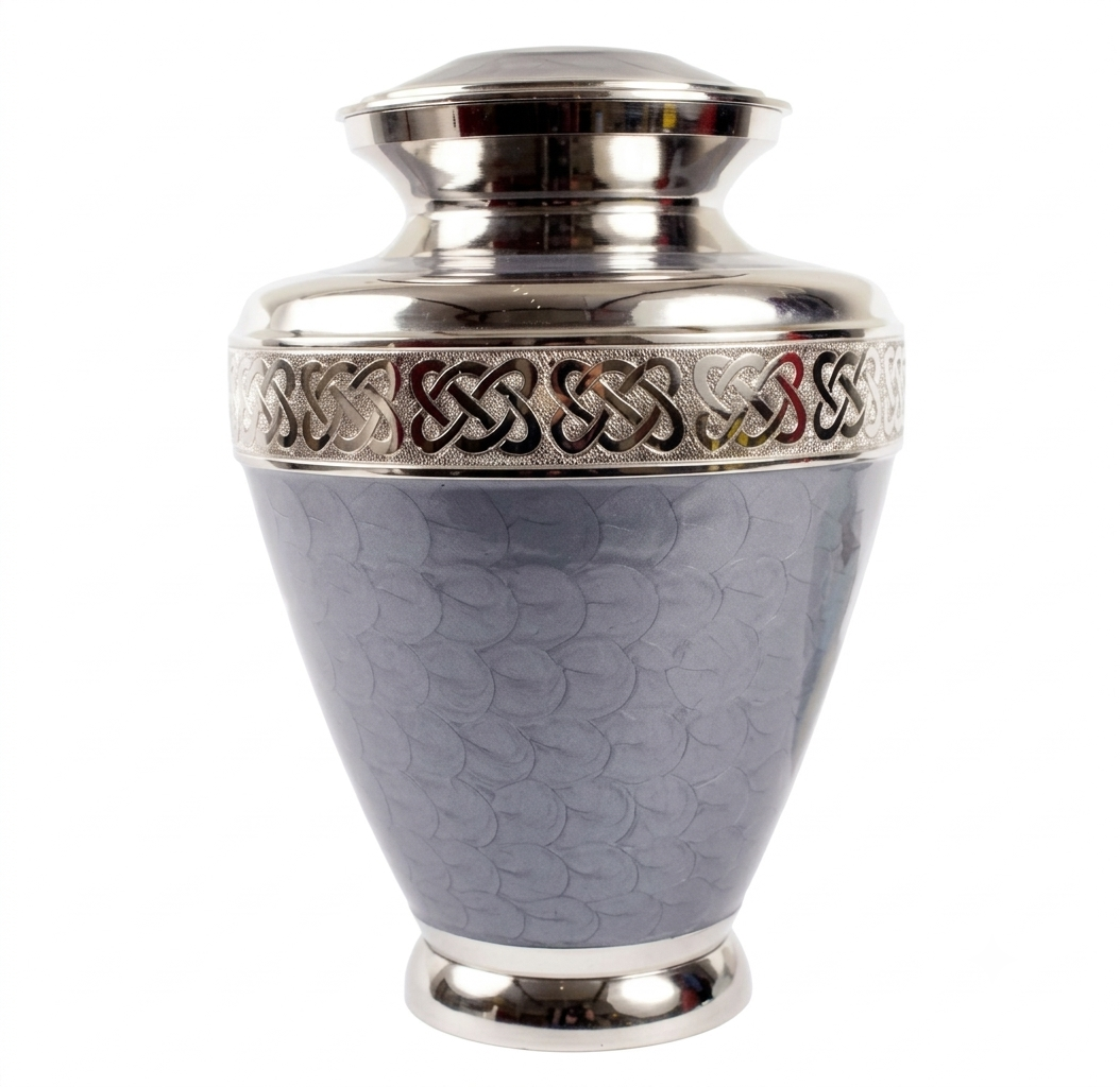 Pearl Grey Cremation Urn with Silver Celtic Knot Band