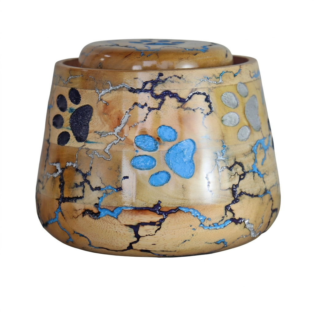 Wooden Pet Memorial Urn with Blue Paw Print Design