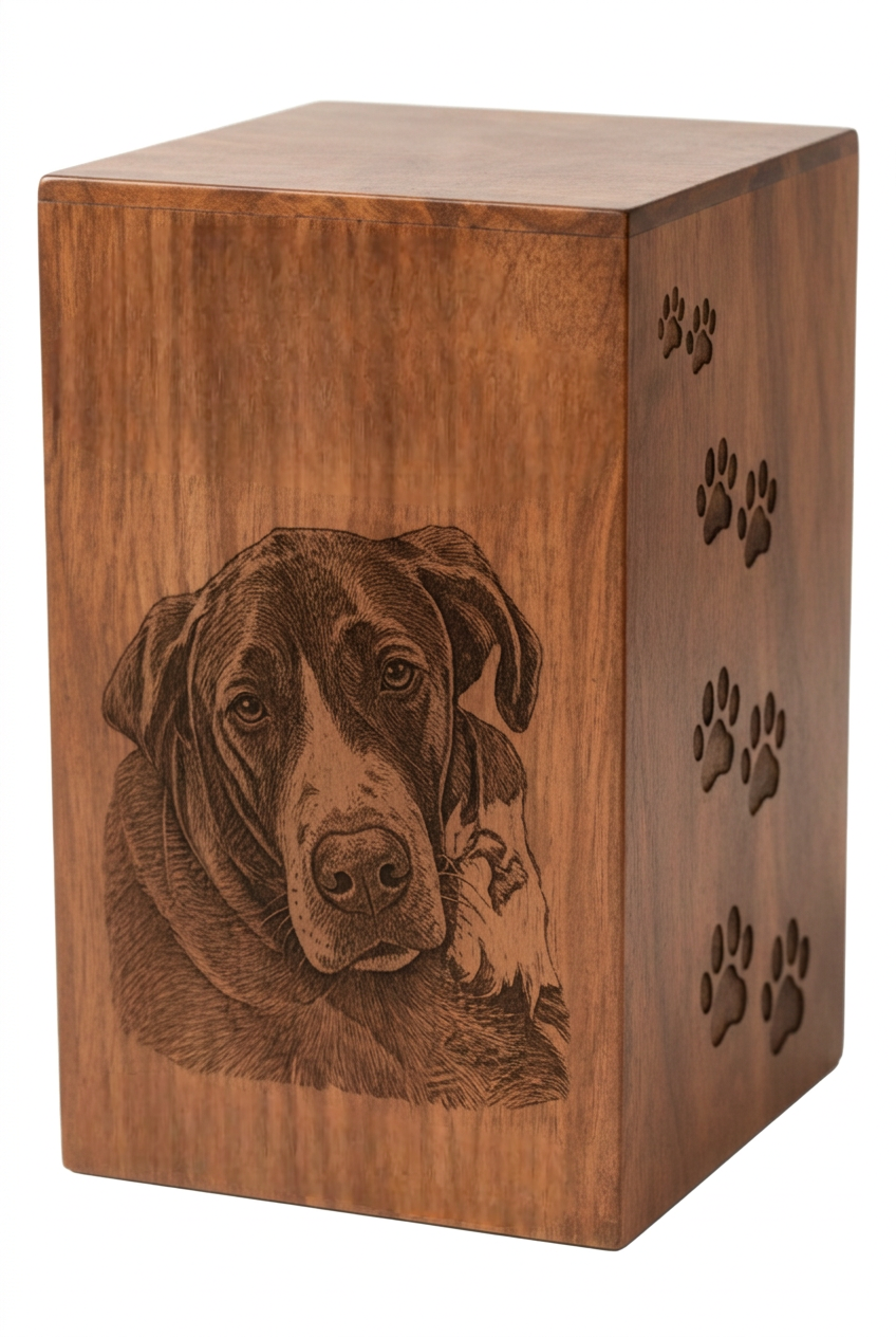 Wooden Dog Cremation Urn for Pet Memorial Ashes